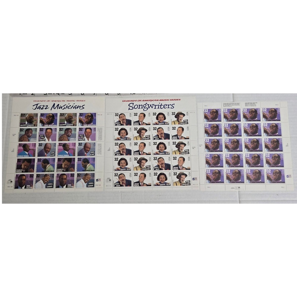 Vintage 1990s USPS Legends of American‎ Music 32 Cent Stamp Sheets Jazz Lot of 3